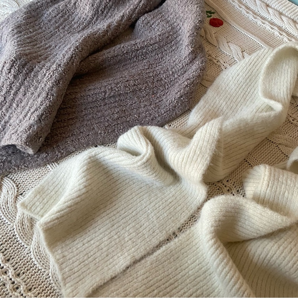 Cashmere Blend Ribbed Knit Women’s cream Scarf + Taupe bonus scarf